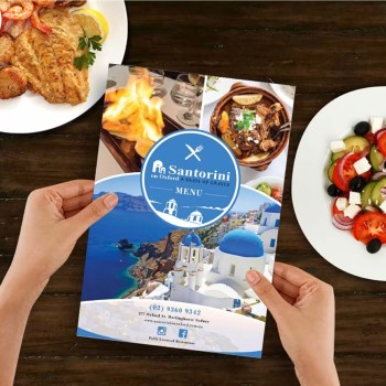 Image of Santorini on oxford menu design and printing